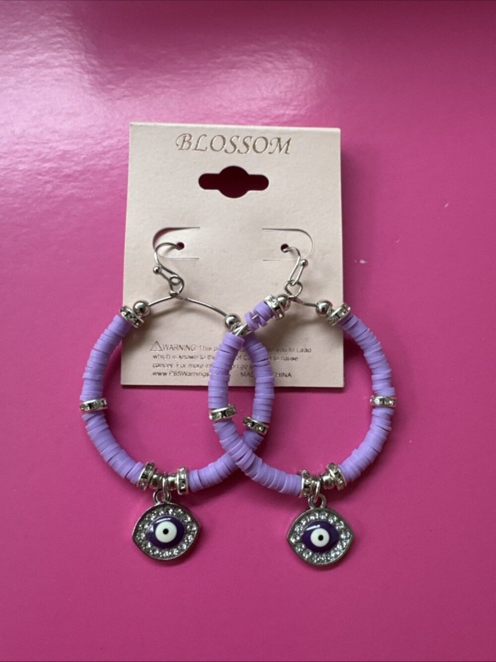 Blossom Purple Beaded Rhinestone Evil Eye Earrings Dangle Hoops 2" NEW